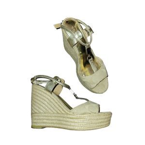 COACH LEAH Wedge Platform Open Toe Gold Tan Monogram High Heel Sandal 8.5